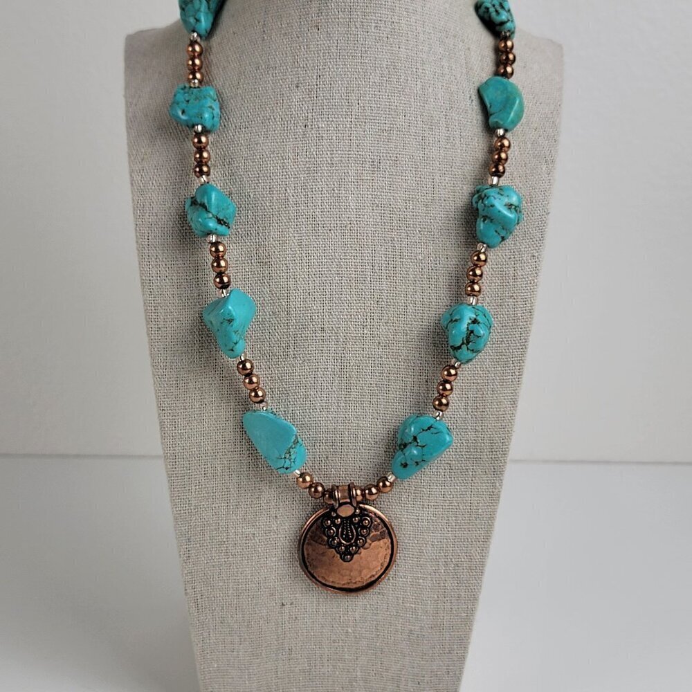Copper Tone Circle Pendant Turquoise Nugget Beaded Station Necklace 21" Toggle